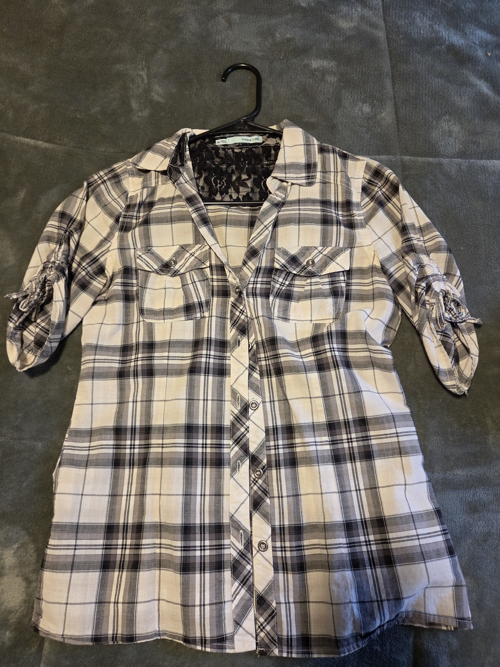 Maurices Plaid Shirt with Black Lace Yoke